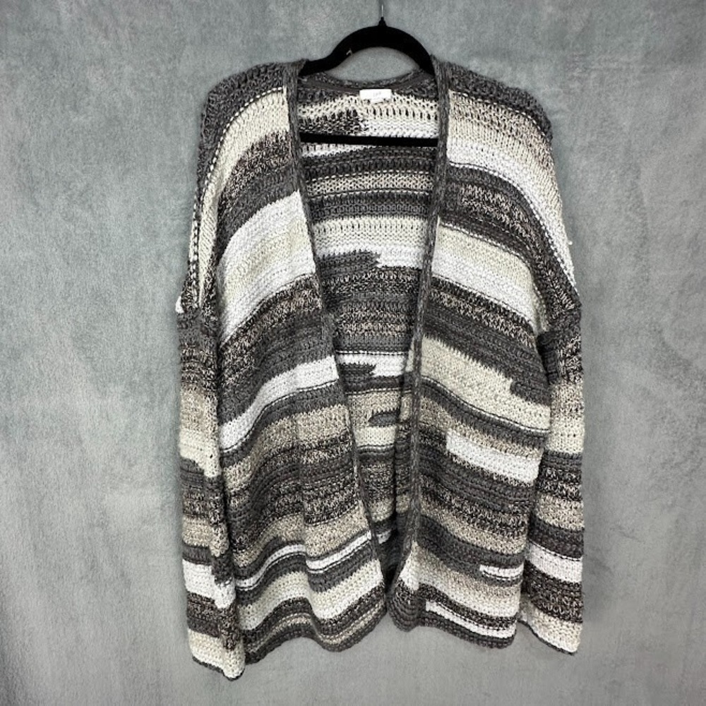 J Jill Sweater Womens Large Tall Gray Striped Open Cardigan Lagenlook Neutral